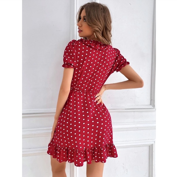 Red Mini Dress White Polka Dots Wrap, Ruffle Details Short Sleeve - Picture 3 of 7